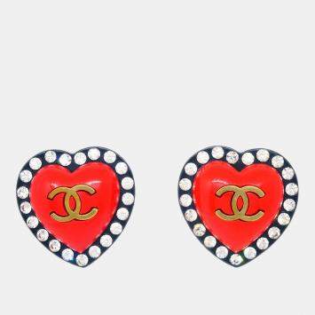 Pre Owned Chanel Heart Rhinestone Earrings Clip-On Red