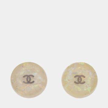 Pre Owned Chanel Button Earrings Clip-On White
