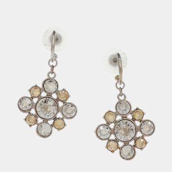 Pre Owned Chanel Rhombus Dangle Piercing Earrings Silver Rhinestone
