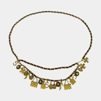 Pre Owned حزام شانيل سي سي رمز السلسلة لؤلؤ صناعي ذهبي أسود