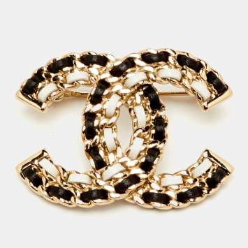 Pre Owned Chanel CC Leather Woven Gold Tone Pin Brooch