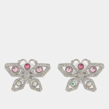 Pre Owned Chanel Medieval Butterfly Earrings Silver Metal Rhinestone