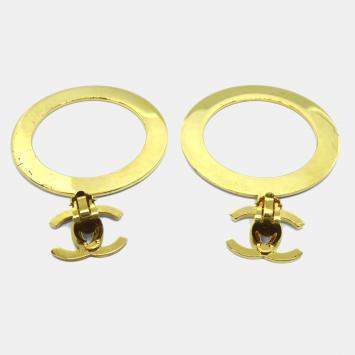 Pre Owned Chanel Hoop Dangle Earrings Clip-On Gold