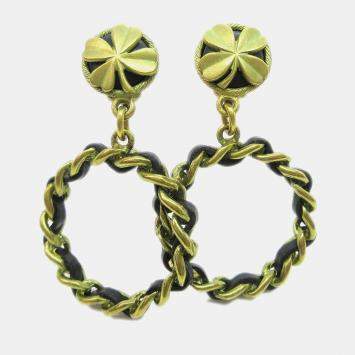 Pre Owned Chanel Hoop Dangle Earrings Clip-On Gold