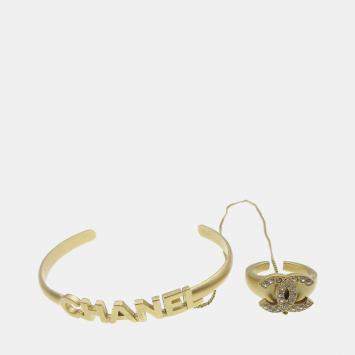 Pre Owned Chanel Rhinestone Bangle Chain Ring #6 Gold