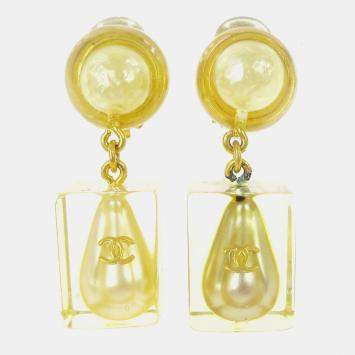 Pre Owned Chanel Artificial Pearl Dangle Earrings Clip-On Acrylic