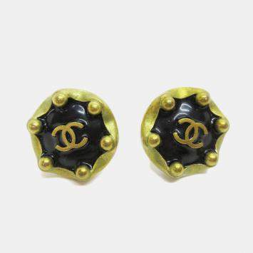 Pre Owned Chanel Button Earrings Gold Black Clip-On