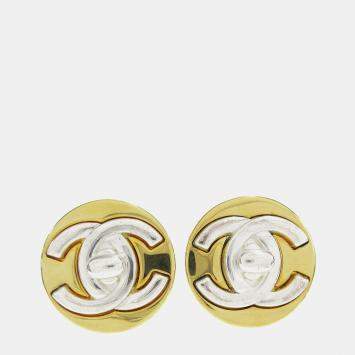 Pre Owned Chanel Turnlock Button Earrings Clip-On Gold Silver