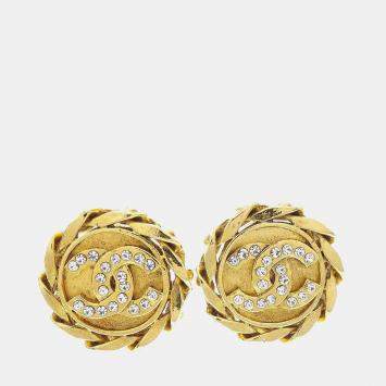 Pre Owned Chanel Rhinestone Earrings Clip-On Gold