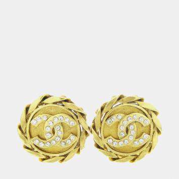 Pre Owned Chanel Rhinestone Earrings Clip-On Gold