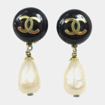 Pre Owned Chanel Artificial Pearl Dangle Earrings Clip-On Black