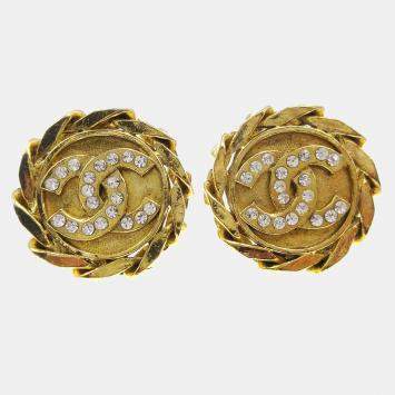 Pre Owned Chanel Button Rhinestone Earrings Clip-On Gold