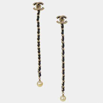 Pre Owned Chanel Dangle Piercing Earrings Artificial Pearl Gold Black