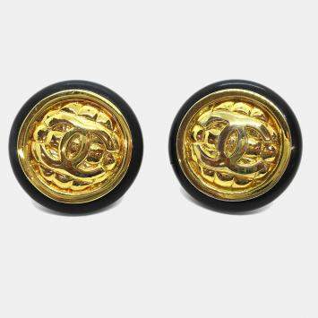 Pre Owned Chanel Button Earrings Clip-On Gold Black