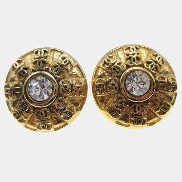 Pre Owned Chanel Button Bijou Stone Earrings Clip-On 23 Gold