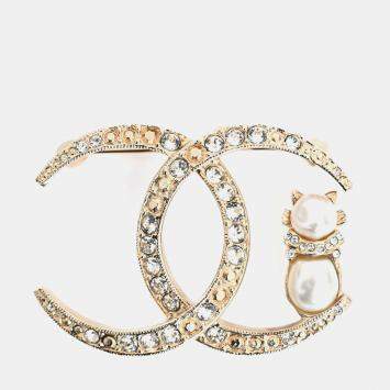 Pre Owned Chanel Gold Tone Faux Crystal/Pearl CC Cat Brooch