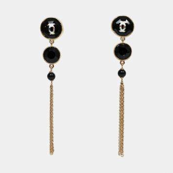 Pre Owned Chanel 2018 Gold Toned Black Double Crystal CC Dangle Earrings