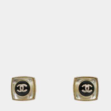 مملوكة مسبقًا Chanel 2022 Champagne Gold Toned Black Crystal CC Square Stud Earrings