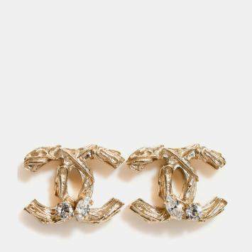 Pre Owned Chanel 2013 Gold Toned Crystal Detail CC Stud Earrings