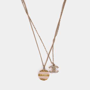 Pre Owned Chanel Gold Toned Pink CC Pearl Pendant Necklace