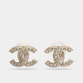 Pre Owned Chanel CC Crystals Enamel Gold Tone Earrings