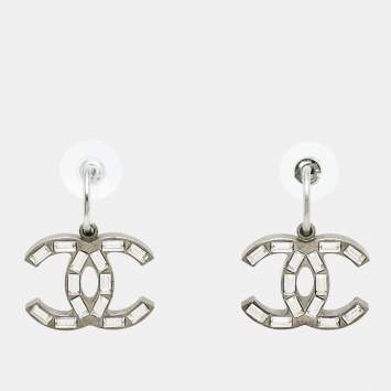 Pre Owned Chanel CC Crystals Enamel Two Tone Earrings