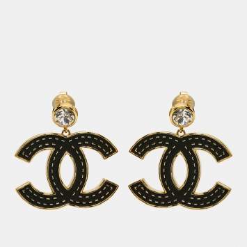 Pre Owned Chanel CC Enamel Crystals Gold Tone Earrings