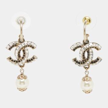 Pre Owned Chanel CC Crystals Faux Pearl Gold Tone Earrings