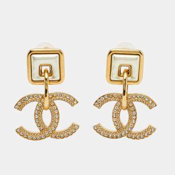 Pre Owned Chanel CC Resin Crystals Gold Tone Earrings
