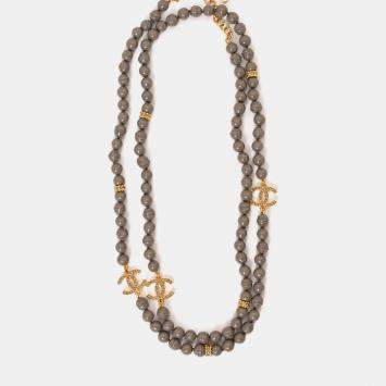 Pre Owned Chanel 2024 Grey Gold Tone Faux Pearls/Strass CC Logo Long Necklace