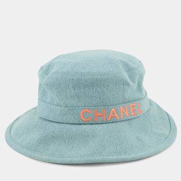 Pre Owned Chanel Hat Logo Size M Aqua Green Denim