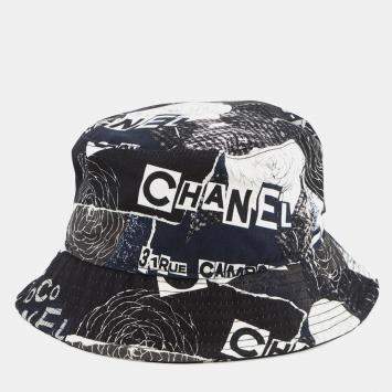 Pre Owned Chanel Camellia Bucket Hat Size M Black/White Cotton 100%