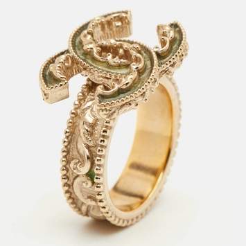 Pre Owned Chanel CC Green Enamel Gold Tone Cocktail Ring Size 51