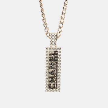 Pre Owned Chanel Logo Crystal Silver Tone Pendant Necklace