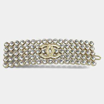 Pre Owned Chanel Gold Tone Metal and Crystals CC Hairpin