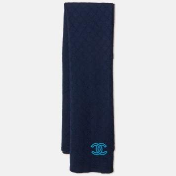 مملوكة مسبقًا Chanel Navy Blue Cashmere & Silk Knit Scarf