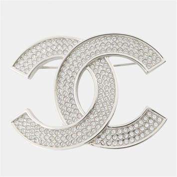 مملوكة مسبقًا Chanel Cc Logo Rhinestone Brooch Silver/Transparent Metal Rhinestone