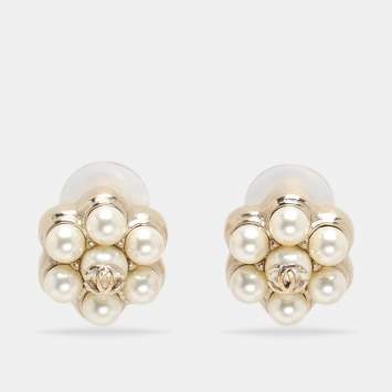 Pre Owned Chanel Gold Tone Metal Faux Pearl CC Flower Stud Earrings