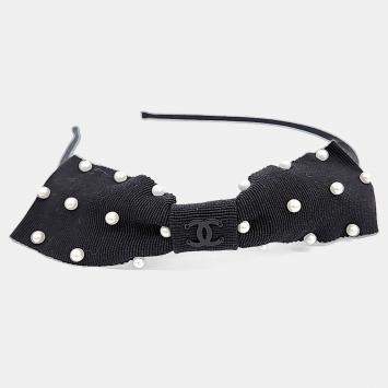 Pre Owned Chanel Black Pearl Bow Hairband