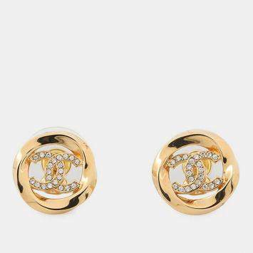 Pre Owned Chanel CC Logo Earrings Gold Plated Rhinestone