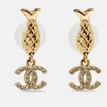 Pre Owned Chanel CC Fish Crystals Gold Tone Drop Earrings