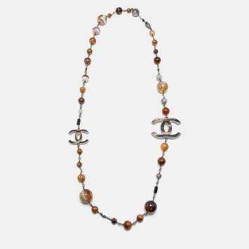 Pre Owned Chanel CC Faux Pearl Beads Enamel Gold Tone Long Necklace