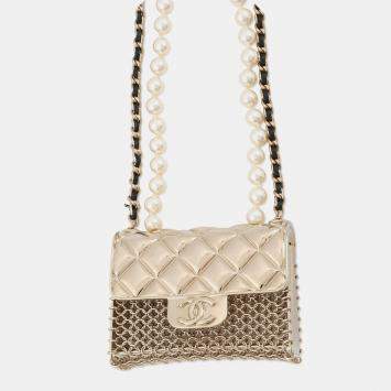 Pre Owned Chanel Matelasse Motif Chain Necklace Gold Pearl Metal Leather