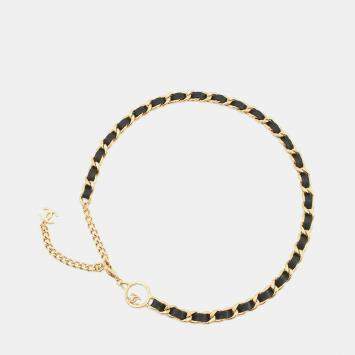 مملوكة مسبقًا حزام شانيل CC شعار السلسلة جلد أسود معدن