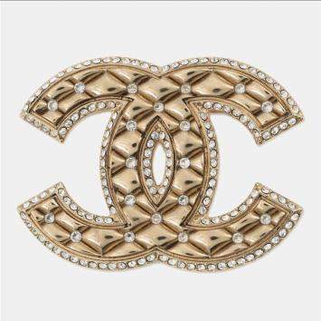 Pre Owned Chanel Rhinestone Cc Logo Brooch Champagne Gold Metal Rhinestone