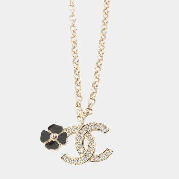 Pre Owned Chanel Cc Logo Clover Necklace Gold/Black Metal Rhinestone