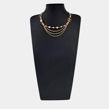 Pre Owned Chanel Gold Pearl Embellished Stone Layered Necklace
