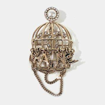 Pre Owned Chanel Gold Tone Birdcage Brooch