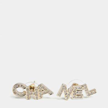 مملوكة مسبقًا Chanel Logo Letter Studs Gold Crystals Earrings