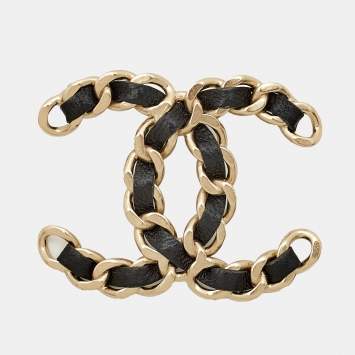 Pre Owned Chanel CC Interwoven Leather Gold Tone Brooch 